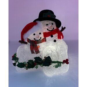 Light Up Snowman Couple Christmas Decoration Santa Hat & Plaid and Red Scarves